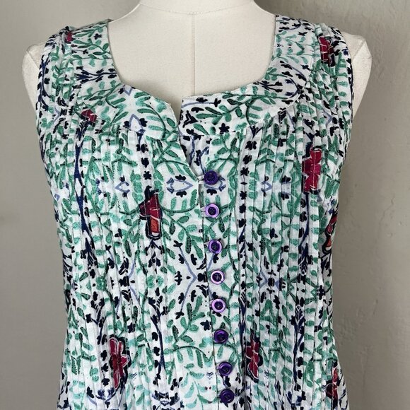 Modaposa Pintuck Sleeveless Cotton Dress Lined Green Floral Resort Size Small - Picture 2 of 11